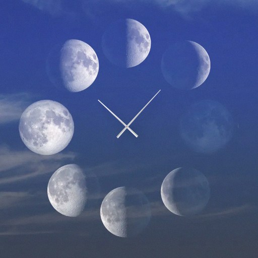 A clock face with moon phases as numbers, set against a blue sky with scattered clouds, creates a whimsical portrayal of lunar time.