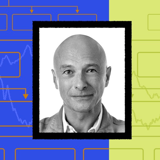 A bald man in a black-and-white portrait is centered on a split blue and green background with flowcharts and graphs, embodying founder mode.