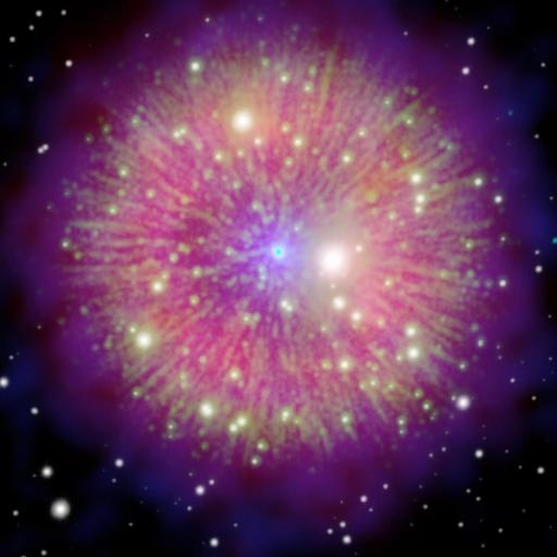 A vibrant cosmic explosion with bright colors radiating outward, set against a starry space background, captures the mystery of a bizarre supernova.