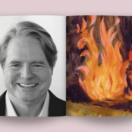 The open book reveals a black and white photo of a smiling person on the left page, capturing a moment of joy. On the right page, vibrant flames burst forth in a colorful painting, igniting the canvas with instinctive energy.