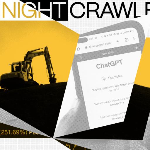 Collage featuring an excavator, the ChatGPT interface, financial figures, and text that reads "The Nightcrawler," all woven into abstract design elements that subtly hint at playing the long game.