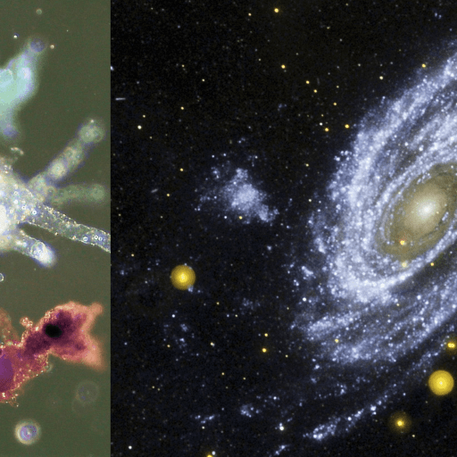 Close-up of multi-colored snowflakes on the left and a detailed view of a spiral galaxy on the right against a star-filled background.