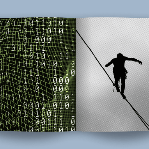An open book reveals binary code on the left page, symbolizing AI's complexity, while a silhouette of a person balancing on a tightrope graces the right, bridging precision and creativity in harmony.