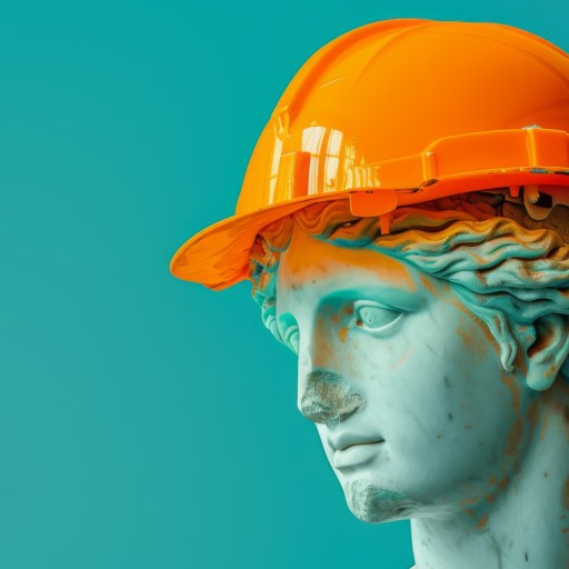 A classical marble statue's head embodies Roman resilience, adorned with an orange construction helmet against a teal background.
