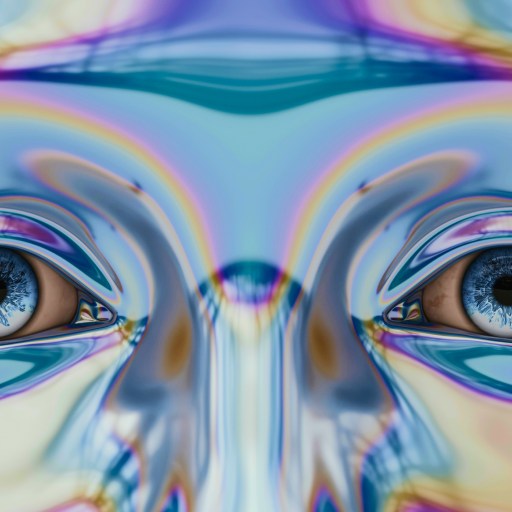 Close-up of a multicolored, reflective surface depicting two human-like eyes with iridescent hues surrounding them.