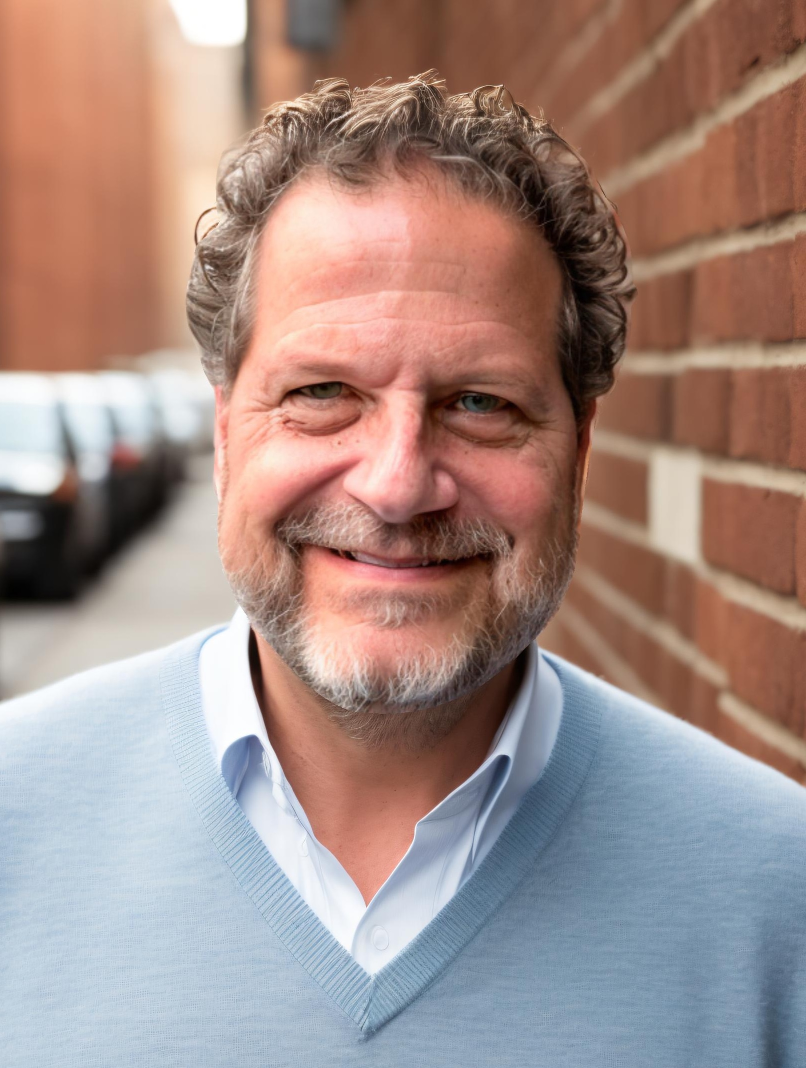 A man with curly hair and a beard smiles while standing outside against a brick wall.