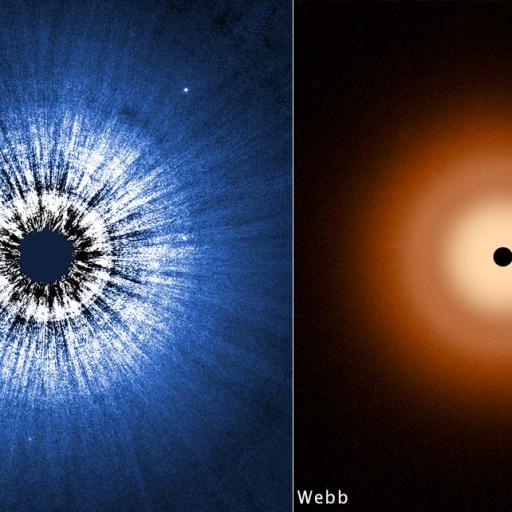 Comparison of a star's image, Vega, as taken by the Hubble Telescope (left, with starburst pattern) and the JWST (right, with clear circular halo).
