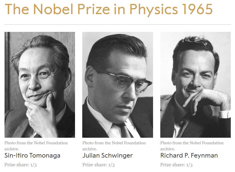 Three black and white portraits capture the thoughtful poses of 1965 Nobel Prize in Physics winners: Sin-Itiro Tomonaga, Julian Schwinger, and Richard P. Feynman&mdash;a true hero in the world of quantum electrodynamics.