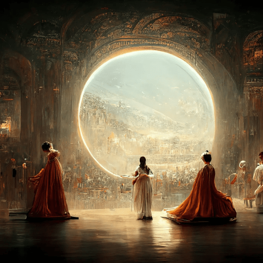 A grand, ornate setting with three figures in flowing attire standing before a large, luminous circular window overlooking a vibrant cityscape.