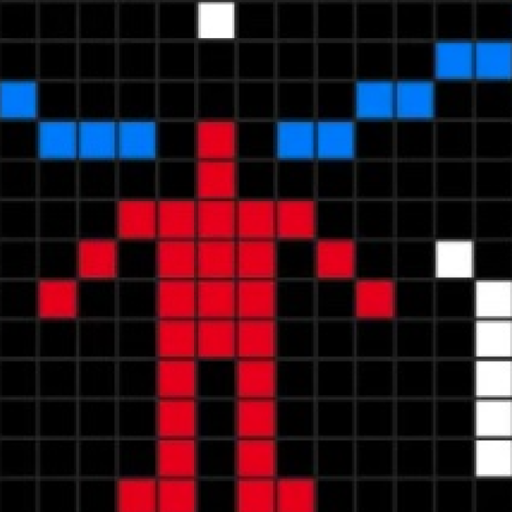 Pixelated red human figure on a black grid background with blue symmetrical curves and white geometric shapes adjacent.