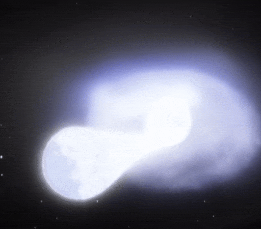 Animation of a star being engulfed by another star, emitting bright light and gas in space.