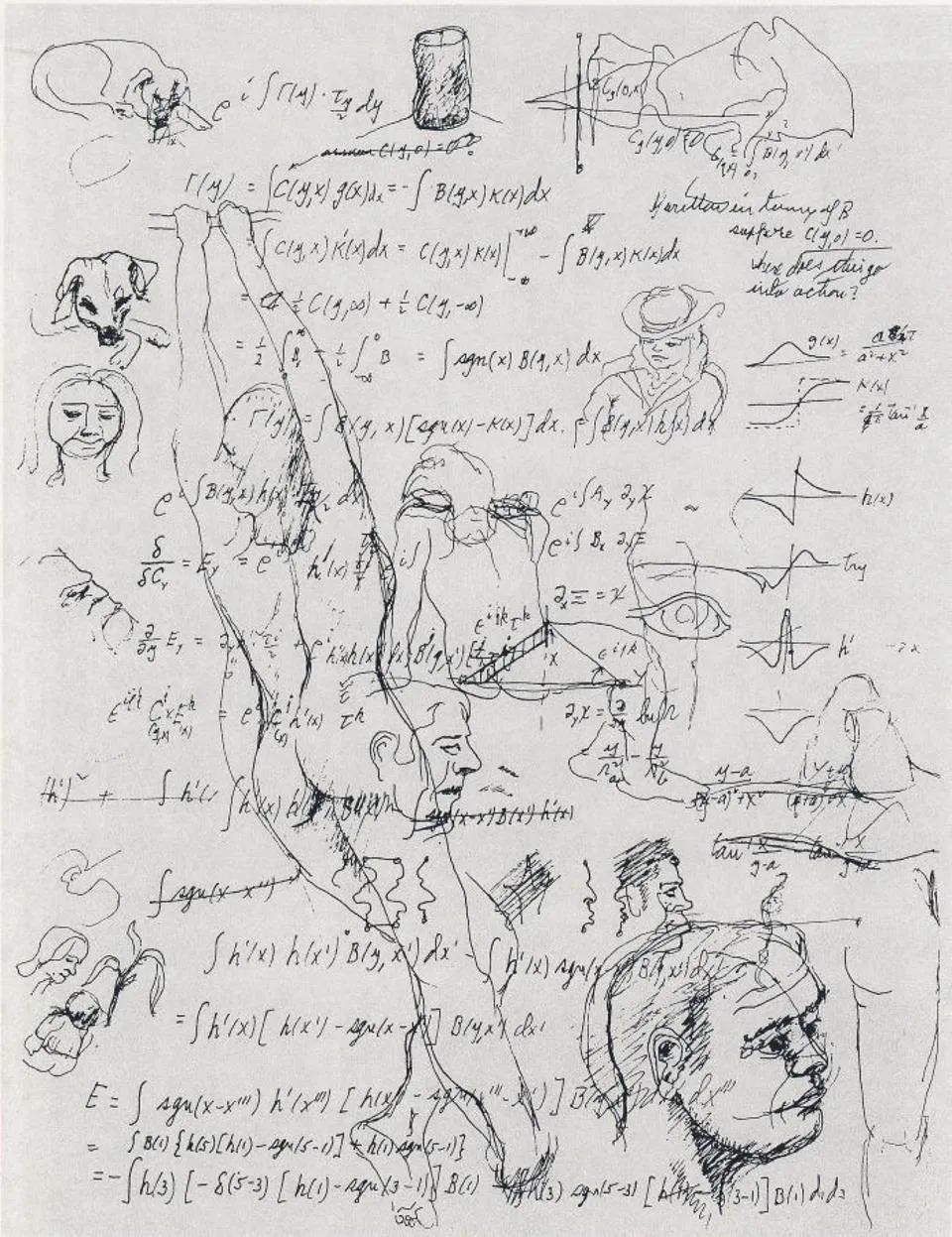 A sketch-filled page reminiscent of a Richard Feynman notebook, brimming with mathematical equations, faces, a dog, and a figure performing a handstand&mdash;doodles capturing the spirit of a hero's curiosity.