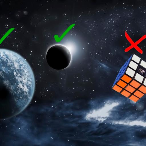 A Rubik's cube with a red X floats in space, next to a planet and moon—each marked with green checkmarks—that boast their perfect round shape.