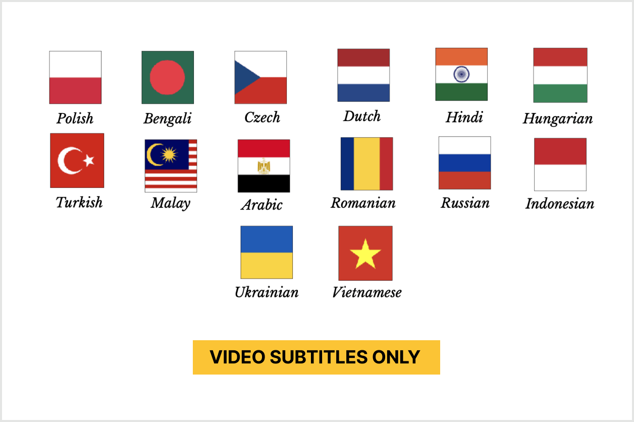 Flags and language names: Polish, Bengali, Czech, Dutch, Hindi, Hungarian, Turkish, Malay, Arabic, Romanian, Russian, Indonesian, Ukrainian, Vietnamese. Text: "Video Subtitles Only.