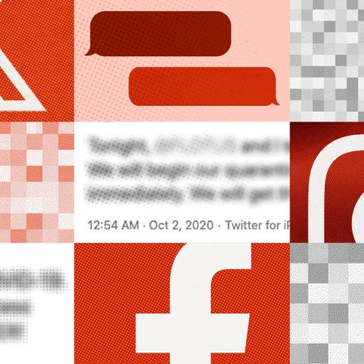 Collage of social media icons and pixelated images in a grid layout, featuring Twitter, Instagram, and Facebook logos on a red background.