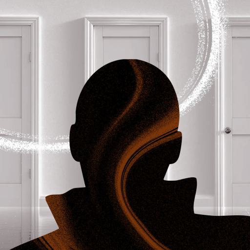 A silhouette of a person stands in front of three closed doors in a dimly lit room. White swirling lines surround the figure, adding a sense of motion and mystery to the scene.