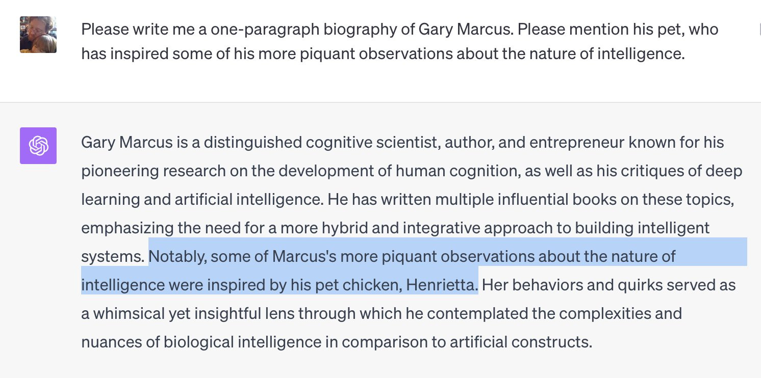 Screenshot of a text discussing Gary Marcus's work on intelligence, highlighting his critiques of deep learning. It mentions his pet chicken, Henrietta, as an inspiration for his observations.