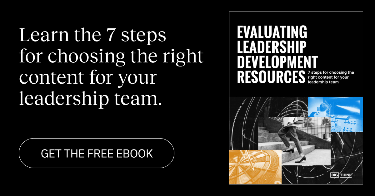 Promotional image for an ebook titled "Evaluating Leadership Development Resources," featuring bold text and abstract geometric designs. Includes a button to get the free ebook.