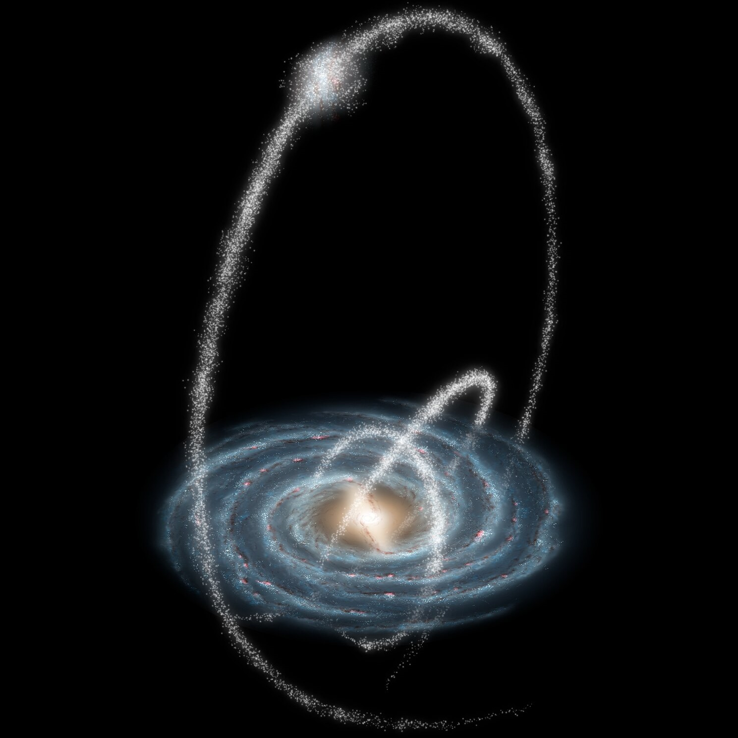 Illustration of a galactic collision, showing one galaxy colliding with the Milky Way, creating a loop of stars and cosmic material against a black background.
