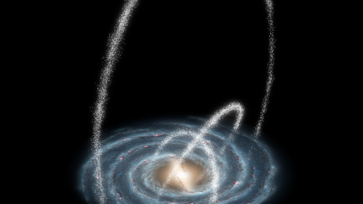 Illustration of a galactic collision, showing one galaxy colliding with the Milky Way, creating a loop of stars and cosmic material against a black background.