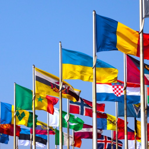 Multiple country flags on poles against a clear blue sky, representing international diversity and unity.