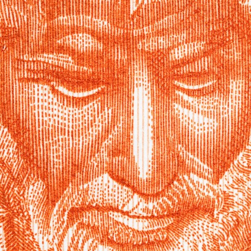 A close-up of a reddish-orange engraving shows an elderly man with a beard and focused expression, as though he's reflecting on the wisdom found in books.