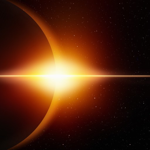 A planet's horizon illuminated by a bright sun against a backdrop of stars in space.