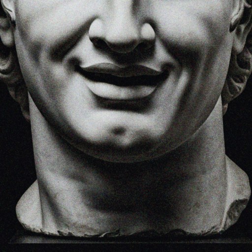 Close-up view of a marble sculpture's lower face, showing a smile with detailed lips and chin against a dark background.