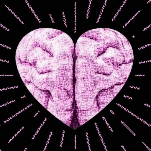 A pink brain shaped like a heart with rays emanating from it against a black background.