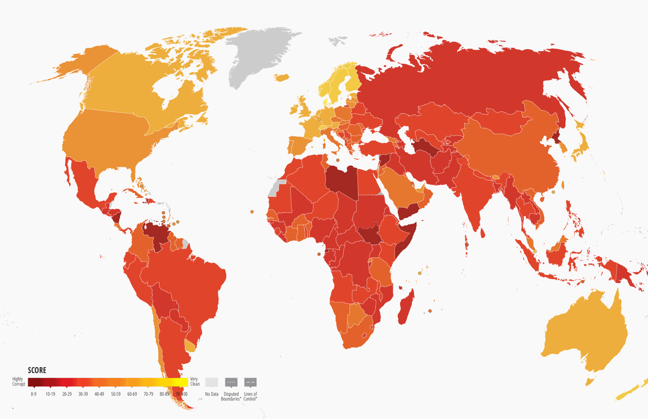 World map showing countries colored by score, ranging from yellow (high) to dark red (low). Most of Africa, parts of Asia, and South America are in darker shades. Color scale is at bottom left.