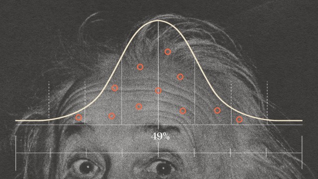 An abstract illustration features a bell curve with red dots and a percentage labeled 49%. The background includes a monochrome portion of a face with wide-open eyes peeking below the curve.
