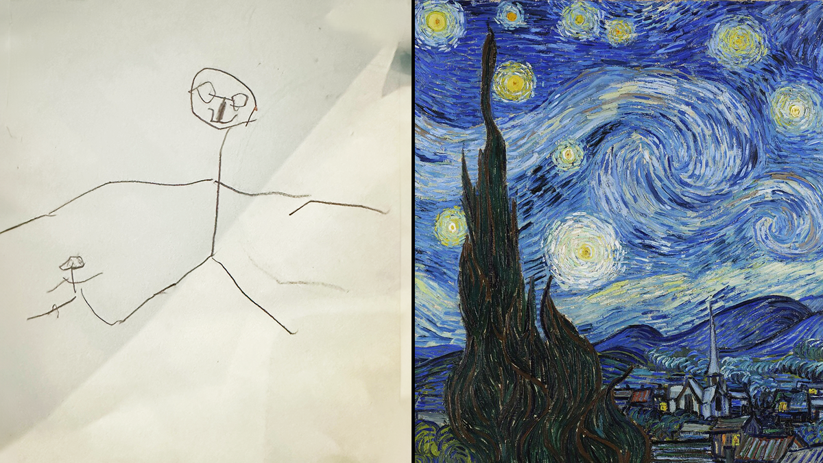 Left: A child's stick figure drawing on paper. Right: "The Starry Night" by Vincent van Gogh, capturing the beauty of a swirling night sky over a small town.