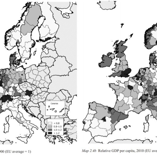 Two maps show relative GDP per capita in Europe comparing 1900 and 2010. Darker shades indicate higher GDP relative to the EU average.