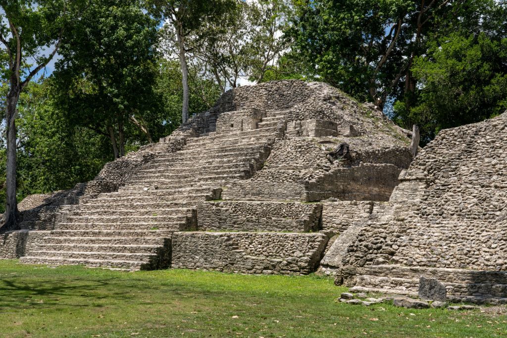 Ancient stone pyramid with stepped terraces surrounded by trees and grass.