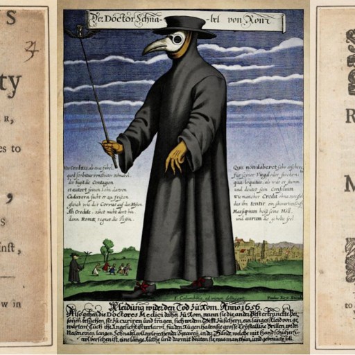 Three historical documents: Two titled "Reflections on the Weekly Bill of Mortality" surround an illustration of a plague doctor in a bird-like mask holding a staff, with a cityscape in the background. The scene captures the dark brilliance of an era grappling with mortality.