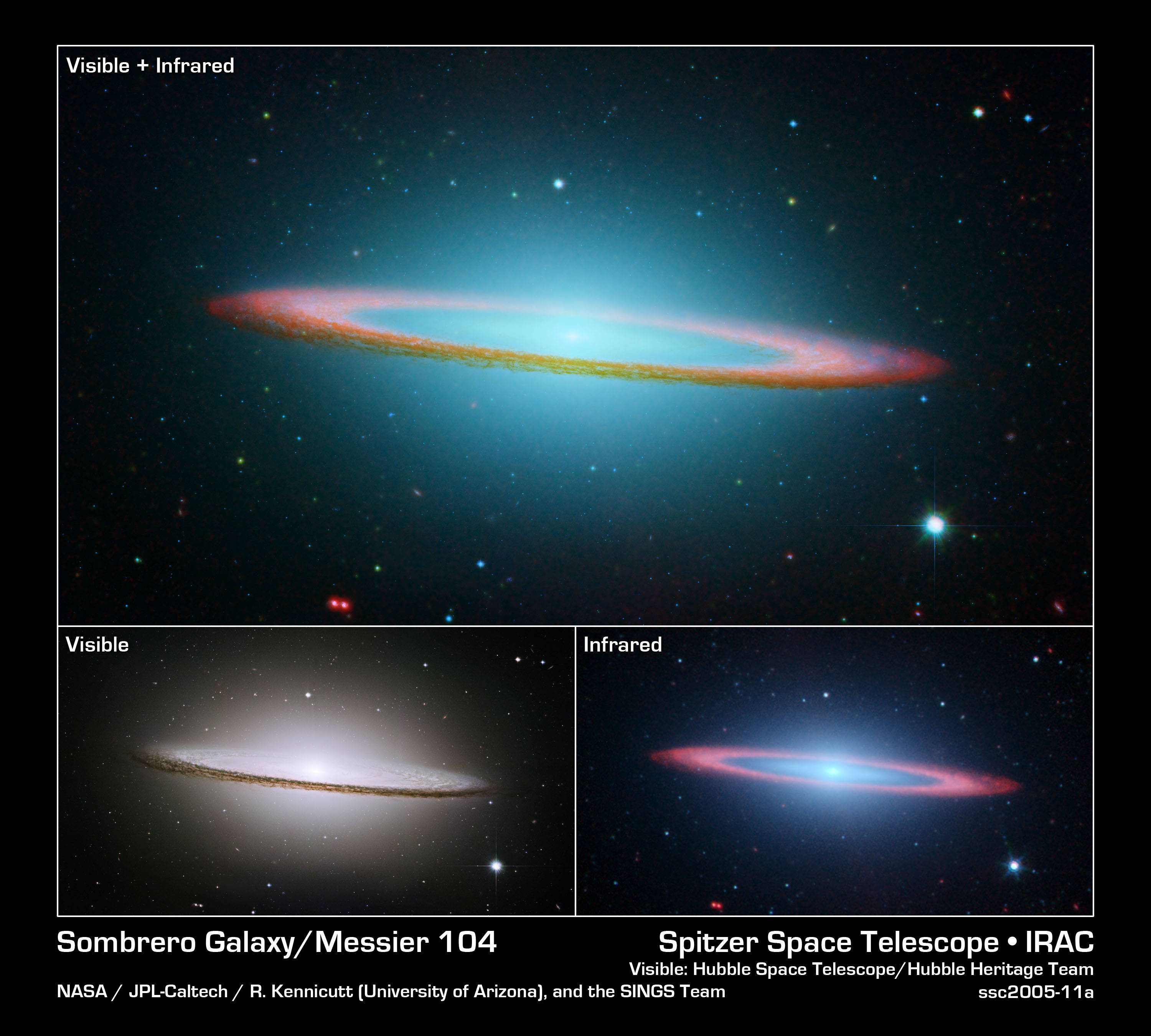 Three images of the Sombrero Galaxy (Messier 104), including a view from JWST, reveal its structure in visible and infrared light, highlighting a bright core and an extended halo.