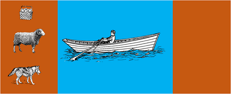 Illustration of a person rowing a boat on water, with a basket, sheep, and wolf on the left against an orange background.