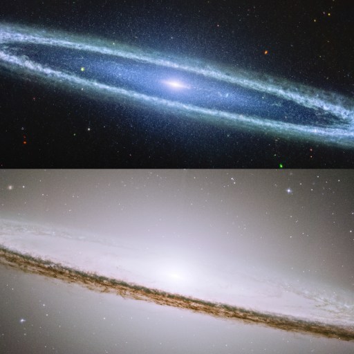 Two images of the Sombrero Galaxy viewed edge-on. The top image, captured by JWST, shows a glowing blue center, while the bottom reveals a bright core with dust lanes.