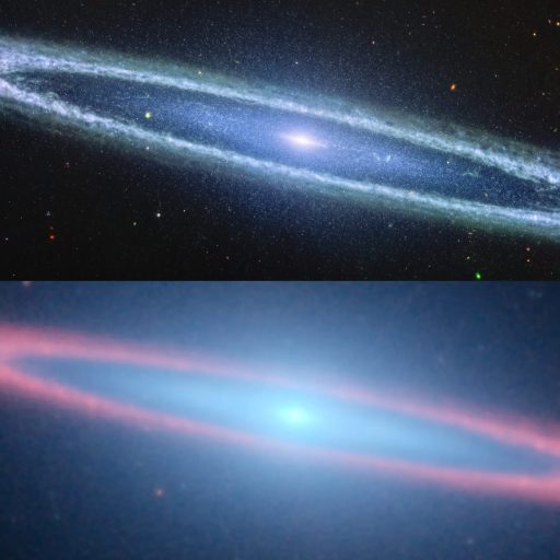 Two images of the Sombrero Galaxy reveal its beauty: one with a bluish hue showcasing visible details, and the other with a reddish hue highlighting a different spectrum. Captured by JWST, these images offer an unmatched view of this spiral galaxy's complex structure.
