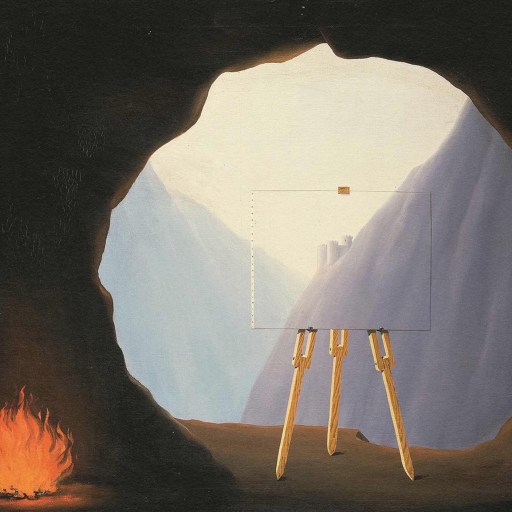 A painting on an easel at the entrance of Plato's cave overlooks misty mountains, with a small fire flickering nearby.