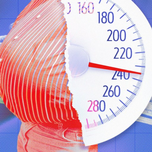 Illustration of a partially hidden scale showing a weight of 240 pounds, with the other half depicting a person in a striped shirt against a blue grid background.