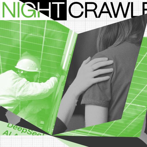 Collage featuring a construction worker, a person with a hand on their back, silhouettes, and the text "The Nightcrawler" in green and black, highlighting the power of in-person connection.