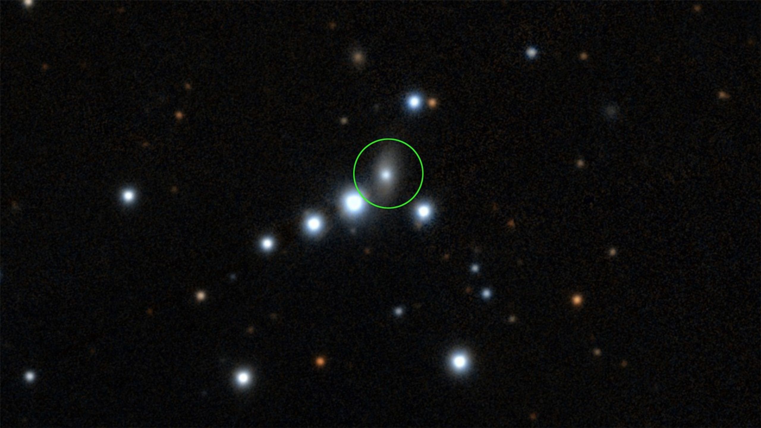 A starry night sky with a cluster of bright stars surrounds a faint, fuzzy object circled in green near the center, where a supermassive black hole is caught turning on.