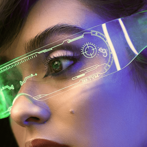 A person wearing futuristic, translucent smart glasses with green lights and a digital interface display.