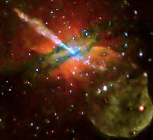 A vibrant cosmic scene reveals a galaxy with bright jets of energy, hottest stars twinkling vividly amidst scattered stars against a dark backdrop.