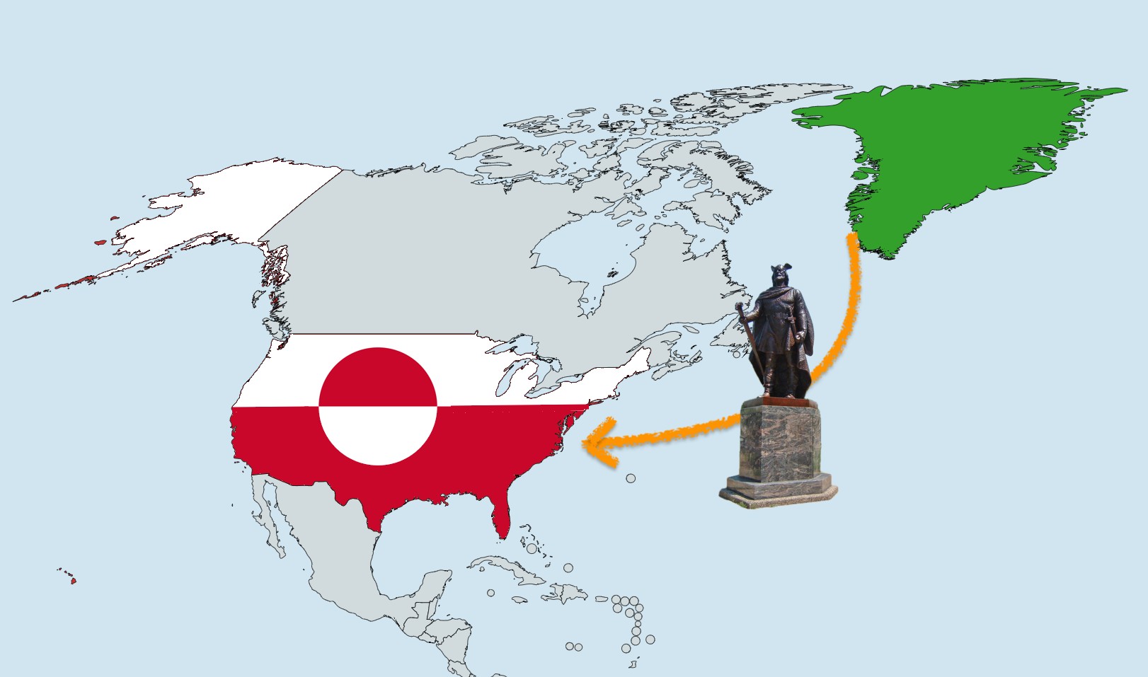 A map showing Greenland in green and the United States in red with a statue connected by arrows, indicating movement or relation between the two locations.