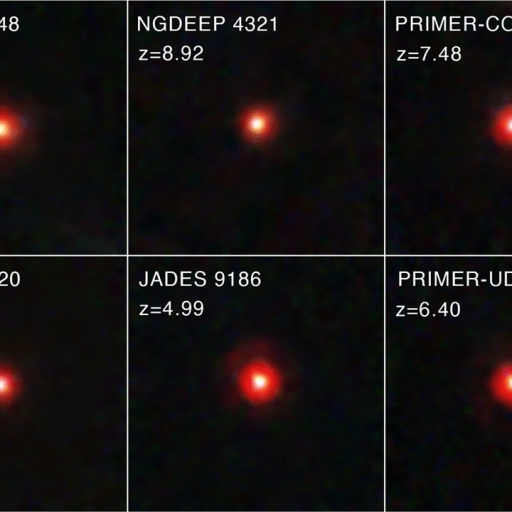 Six mesmerizing images, bathed in red hues, reveal distant galaxies—JWST's little red dots. Each is precisely labeled: CEERS 14448, NGDEEP 4321, PRIMER-COS 10539, CEERS 20320, JADES 9186, and PRIMER-UDS 17818—alongside their corresponding redshift values.