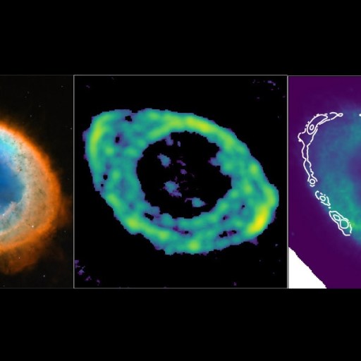 Three images of the Ring Nebula reveal its true shape: visible light (left), infrared (center), and a composite with contour lines (right) showcasing different details of the nebula's intricate structure.