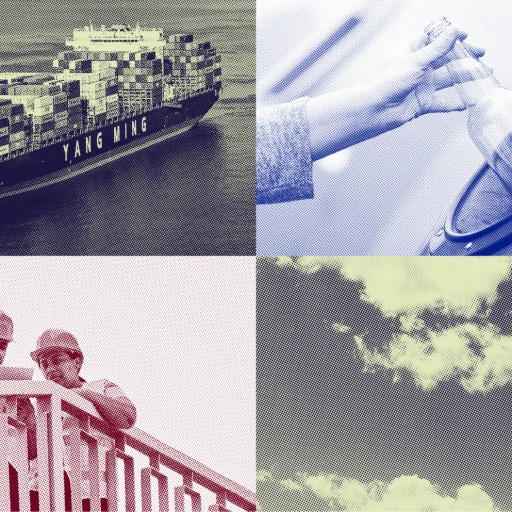Collage depicting a cargo ship at sea, a hand recycling a bottle, two workers inspecting a blueprint under the framework of SURF, and clouds in the sky.
