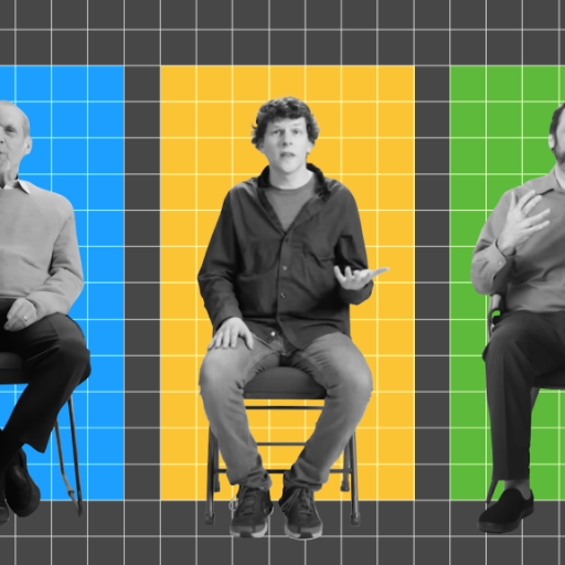 Three seated individuals against a grid background with blue, yellow, and green panels. Each person gestures with their hands while sitting.